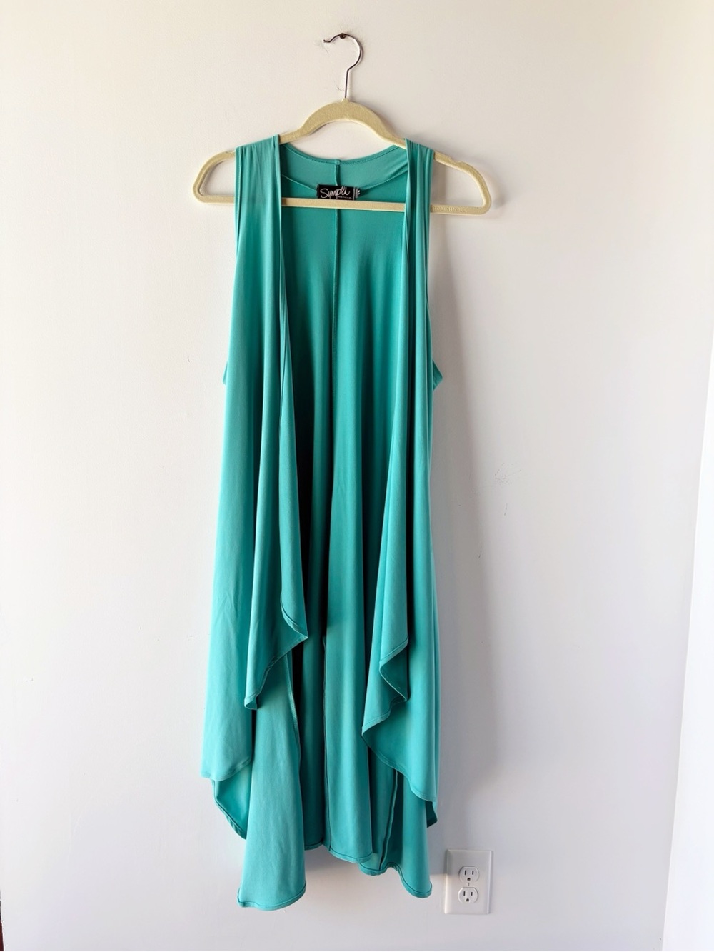 Sympli Liquid Jersey Waterfall Open Front Duster Vest Teal Jade Green Long
